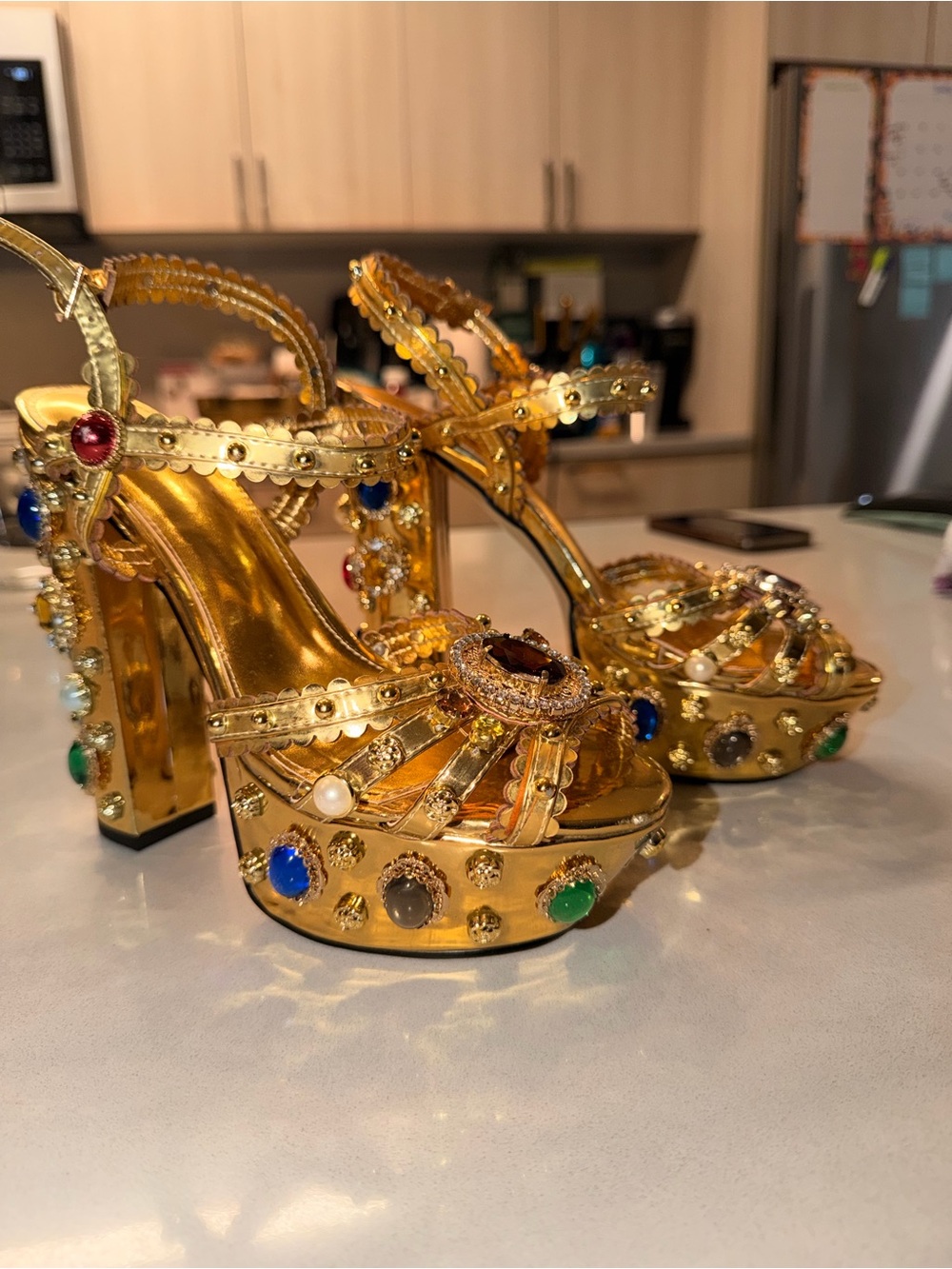 Gold Jeweled Platform High Heel Sandals - Women's